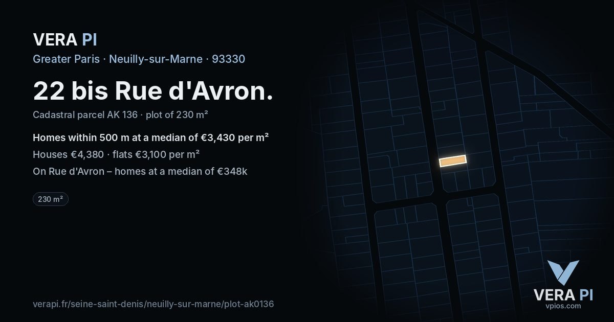 22 bis Rue d'Avron, Neuilly-sur-Marne at night – the plot lit, the parcels around coloured by the prices near them