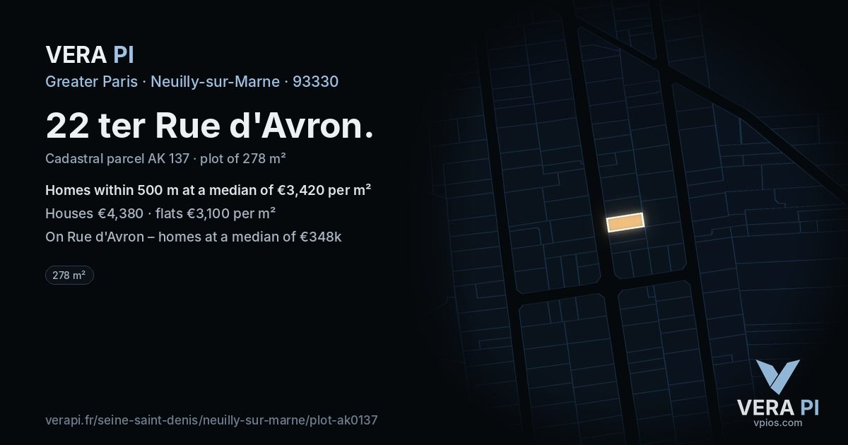 22 ter Rue d'Avron, Neuilly-sur-Marne at night – the plot lit, the parcels around coloured by the prices near them