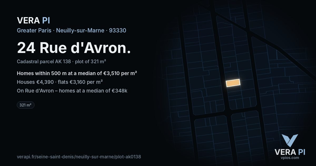 24 Rue d'Avron, Neuilly-sur-Marne at night – the plot lit, the parcels around coloured by the prices near them