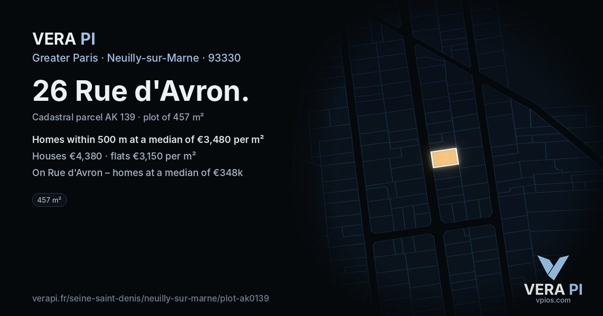 26 Rue d'Avron, Neuilly-sur-Marne at night – the plot lit, the parcels around coloured by the prices near them