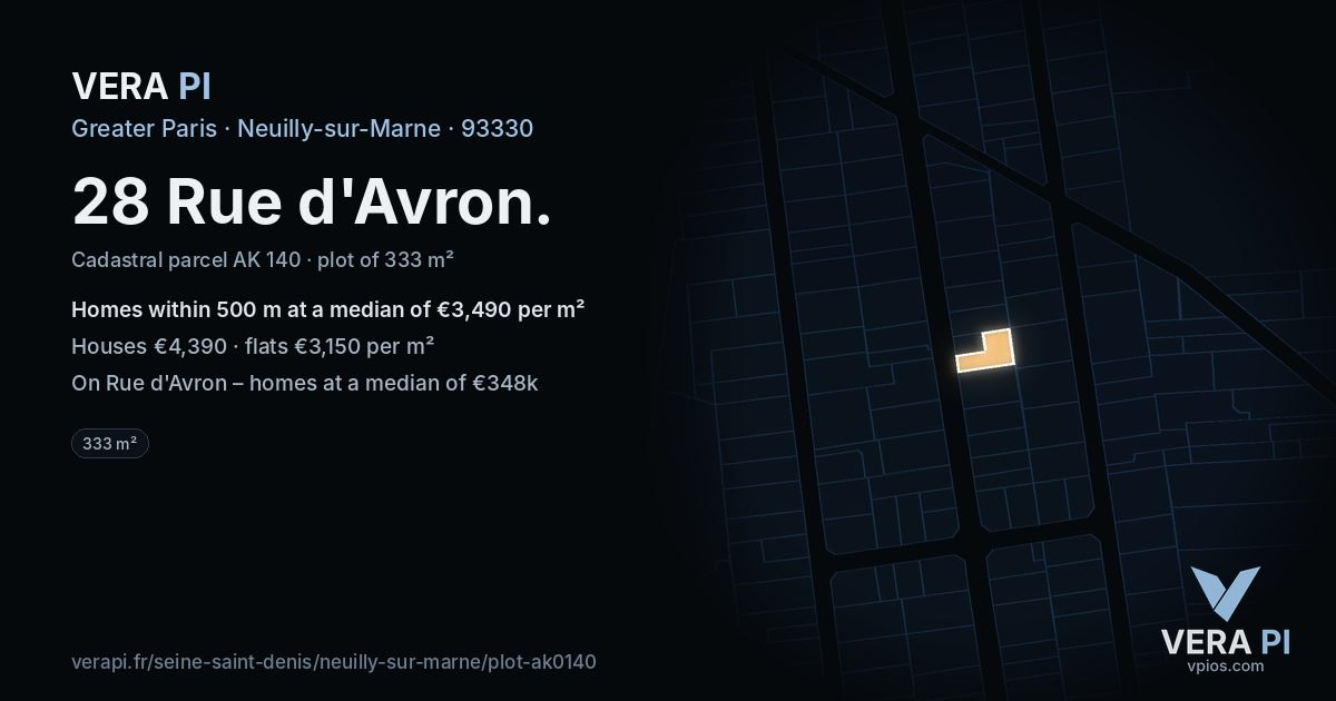 28 Rue d'Avron, Neuilly-sur-Marne at night – the plot lit, the parcels around coloured by the prices near them