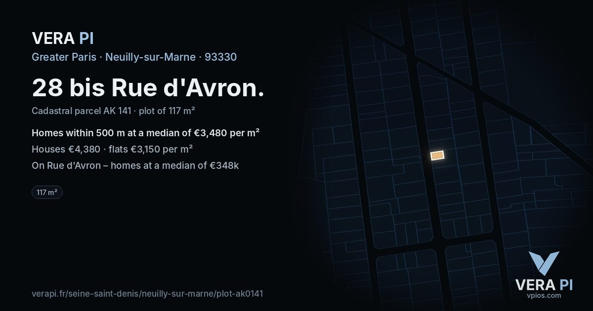 28 bis Rue d'Avron, Neuilly-sur-Marne at night – the plot lit, the parcels around coloured by the prices near them