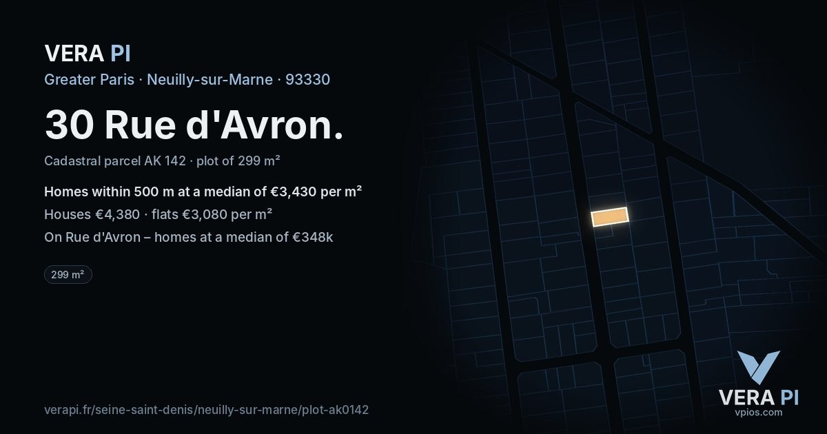 30 Rue d'Avron, Neuilly-sur-Marne at night – the plot lit, the parcels around coloured by the prices near them