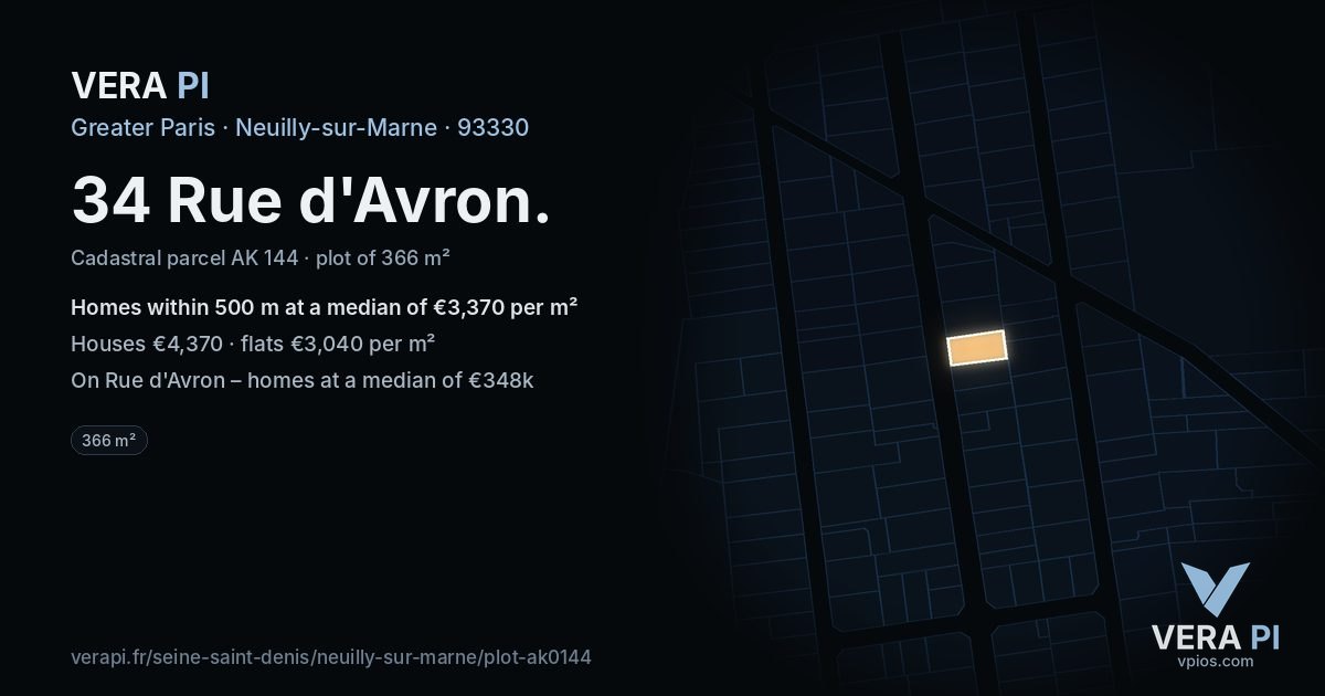 34 Rue d'Avron, Neuilly-sur-Marne at night – the plot lit, the parcels around coloured by the prices near them