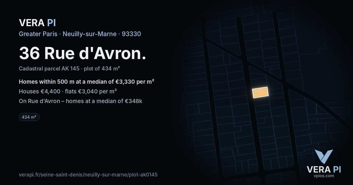 36 Rue d'Avron, Neuilly-sur-Marne at night – the plot lit, the parcels around coloured by the prices near them