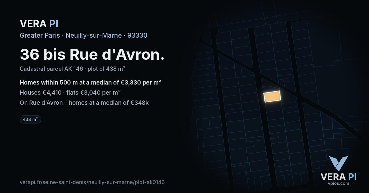 36 bis Rue d'Avron, Neuilly-sur-Marne at night – the plot lit, the parcels around coloured by the prices near them