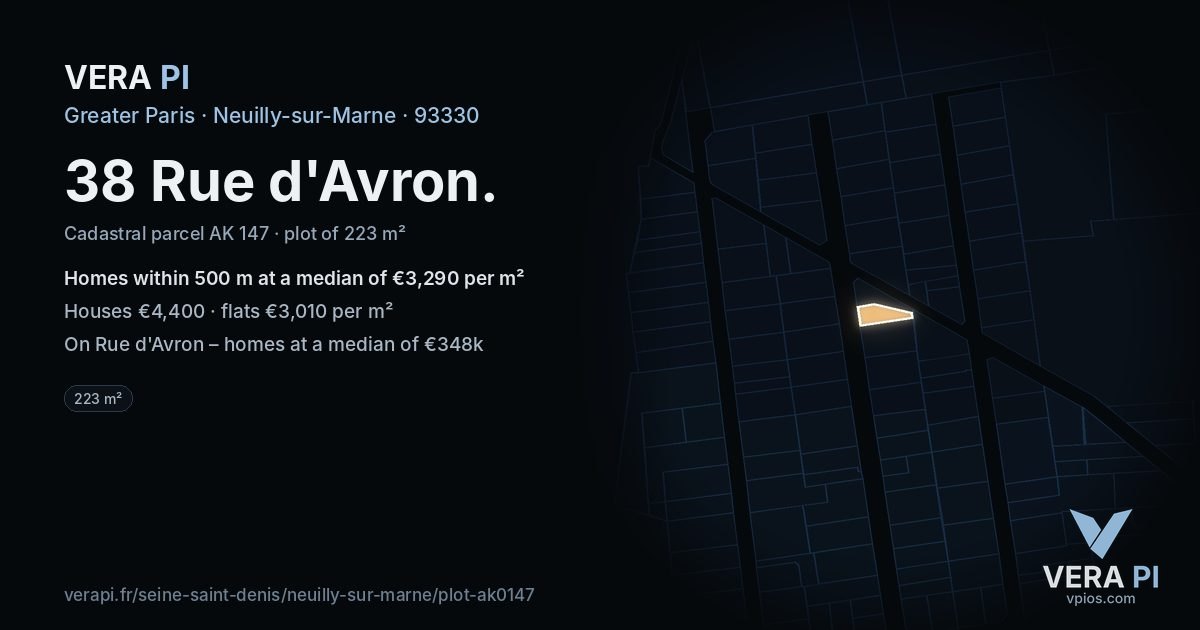 38 Rue d'Avron, Neuilly-sur-Marne at night – the plot lit, the parcels around coloured by the prices near them