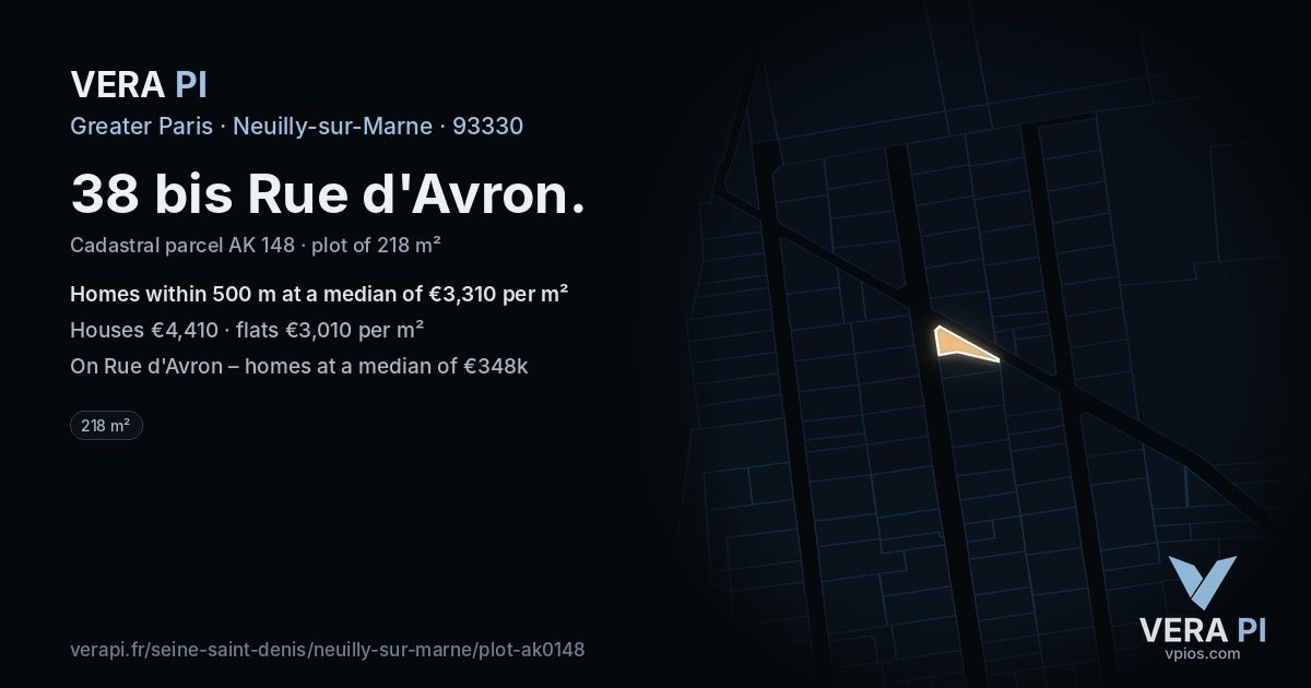 38 bis Rue d'Avron, Neuilly-sur-Marne at night – the plot lit, the parcels around coloured by the prices near them