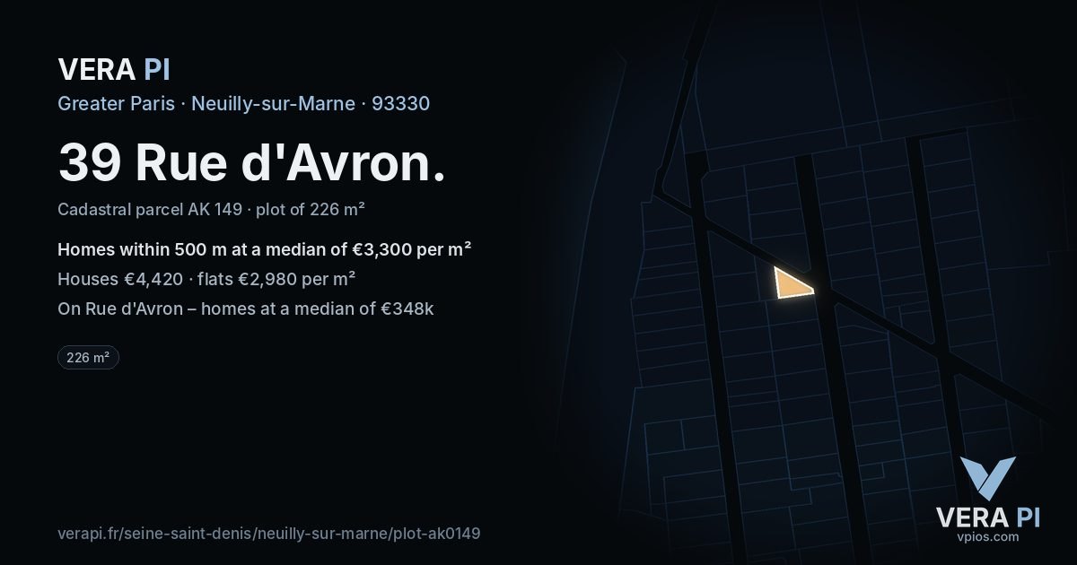 39 Rue d'Avron, Neuilly-sur-Marne at night – the plot lit, the parcels around coloured by the prices near them