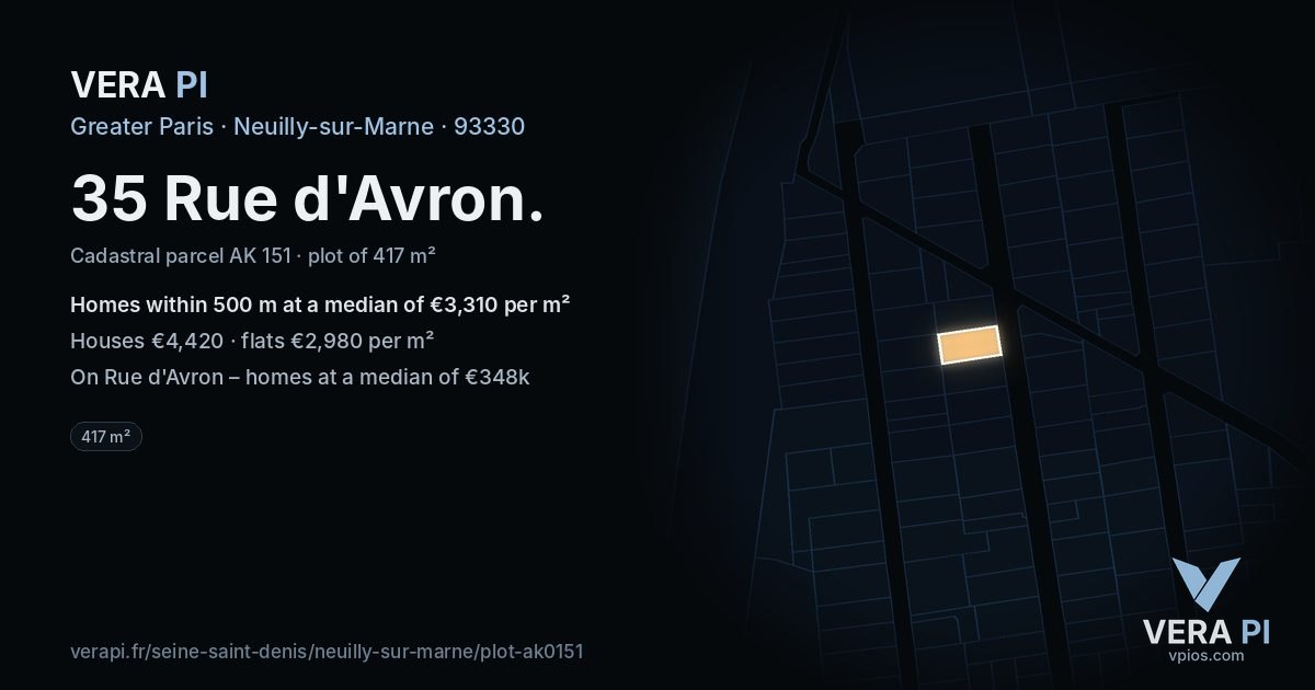 35 Rue d'Avron, Neuilly-sur-Marne at night – the plot lit, the parcels around coloured by the prices near them