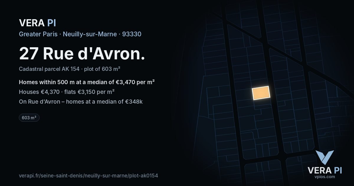 27 Rue d'Avron, Neuilly-sur-Marne at night – the plot lit, the parcels around coloured by the prices near them