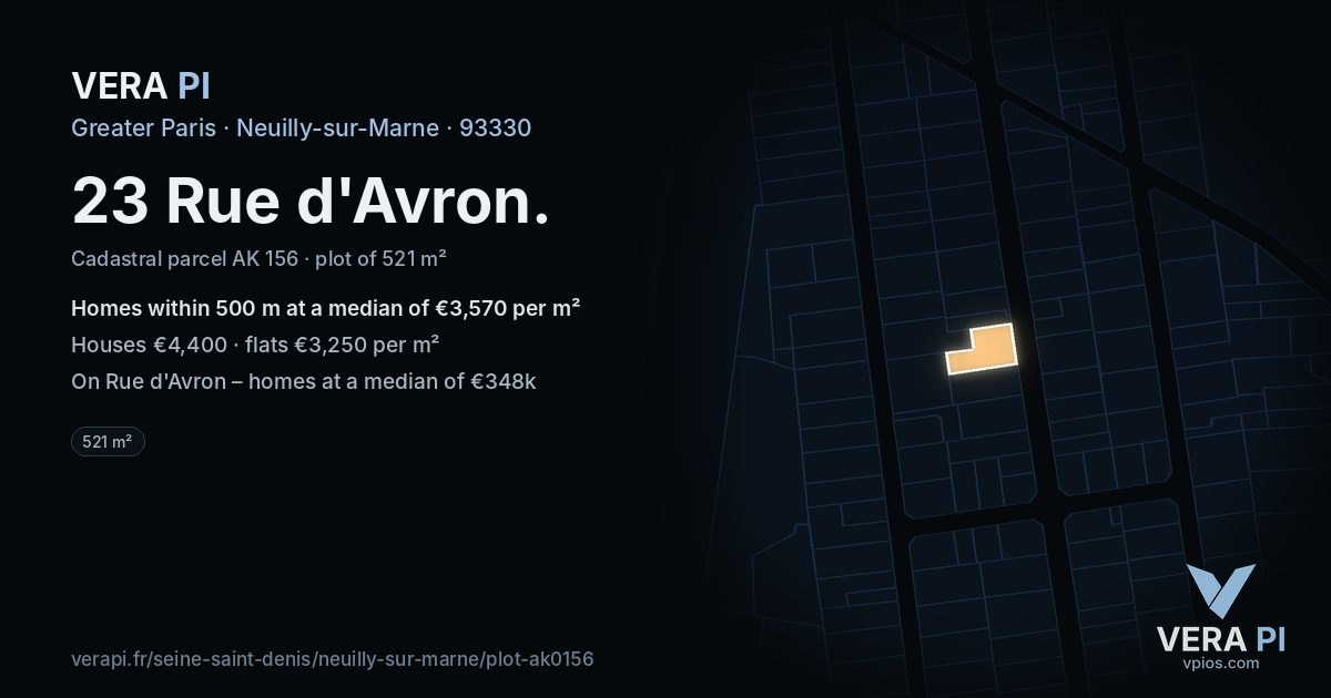 23 Rue d'Avron, Neuilly-sur-Marne at night – the plot lit, the parcels around coloured by the prices near them