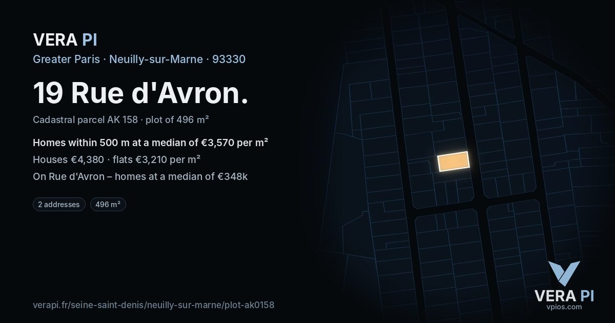 19 Rue d'Avron, Neuilly-sur-Marne at night – the plot lit, the parcels around coloured by the prices near them