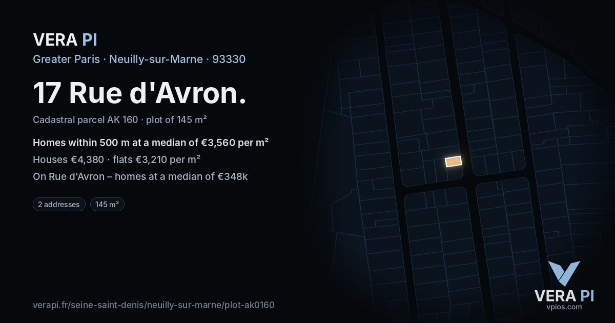 17 Rue d'Avron, Neuilly-sur-Marne at night – the plot lit, the parcels around coloured by the prices near them
