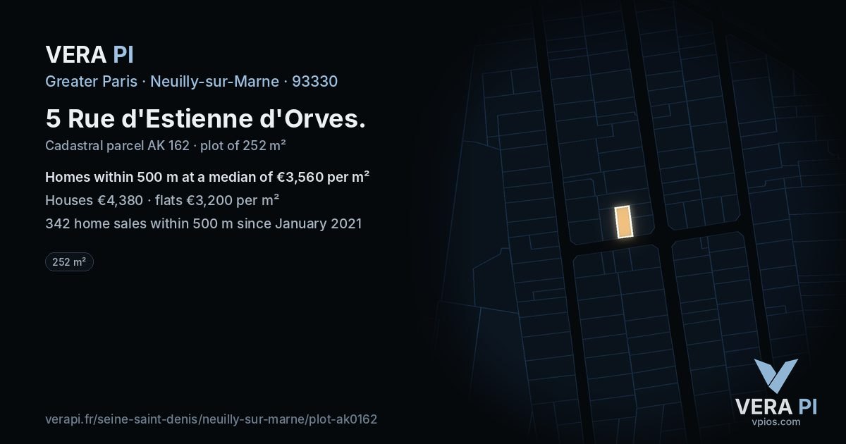 5 Rue d'Estienne d'Orves, Neuilly-sur-Marne at night – the plot lit, the parcels around coloured by the prices near them