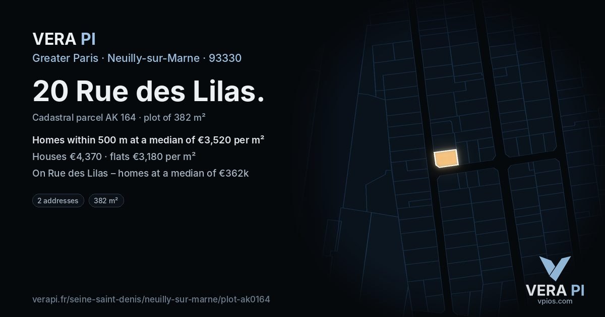 20 Rue des Lilas, Neuilly-sur-Marne at night – the plot lit, the parcels around coloured by the prices near them