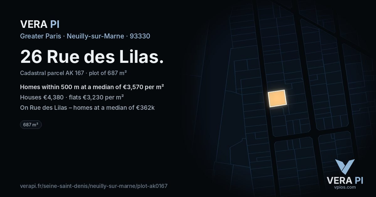 26 Rue des Lilas, Neuilly-sur-Marne at night – the plot lit, the parcels around coloured by the prices near them