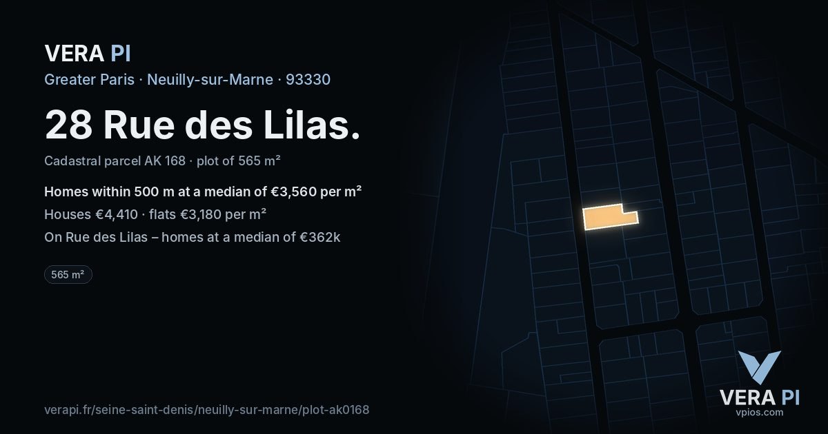 28 Rue des Lilas, Neuilly-sur-Marne at night – the plot lit, the parcels around coloured by the prices near them