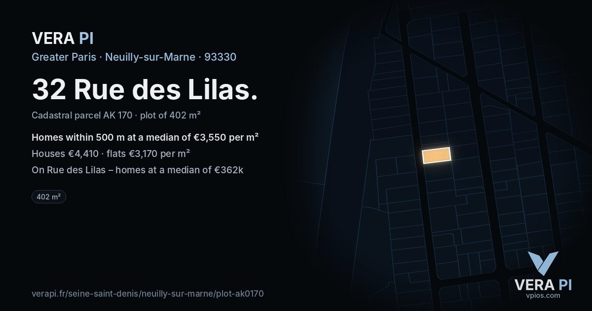 32 Rue des Lilas, Neuilly-sur-Marne at night – the plot lit, the parcels around coloured by the prices near them