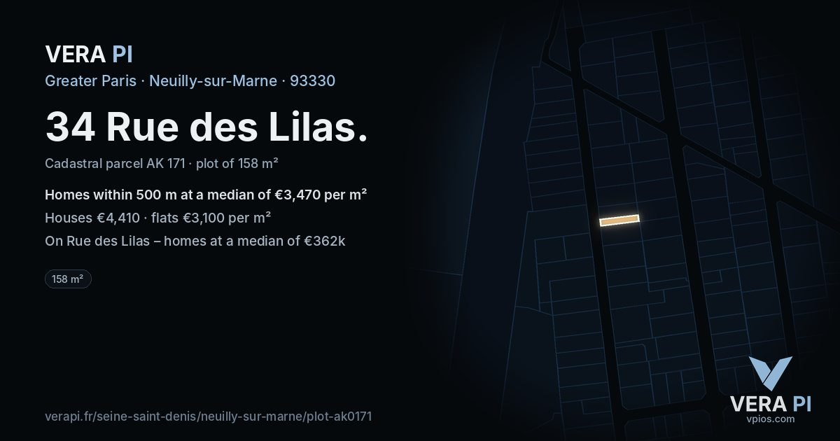 34 Rue des Lilas, Neuilly-sur-Marne at night – the plot lit, the parcels around coloured by the prices near them