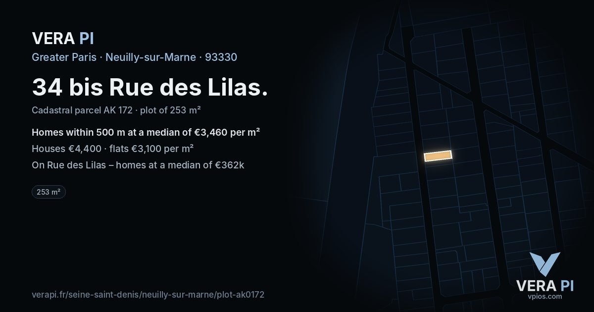 34 bis Rue des Lilas, Neuilly-sur-Marne at night – the plot lit, the parcels around coloured by the prices near them