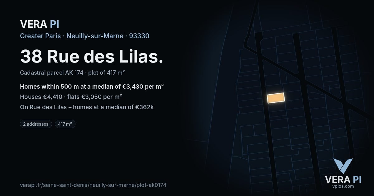 38 Rue des Lilas, Neuilly-sur-Marne at night – the plot lit, the parcels around coloured by the prices near them