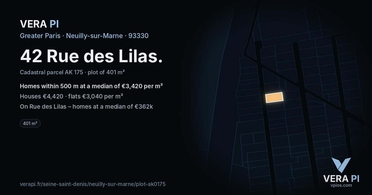 42 Rue des Lilas, Neuilly-sur-Marne at night – the plot lit, the parcels around coloured by the prices near them
