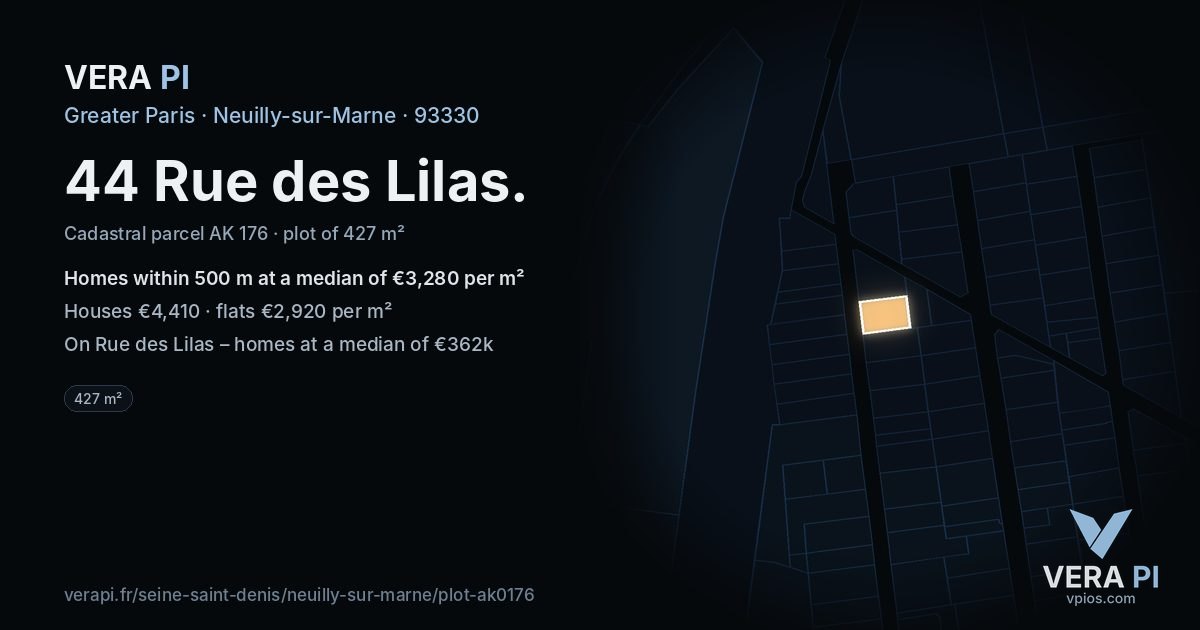 44 Rue des Lilas, Neuilly-sur-Marne at night – the plot lit, the parcels around coloured by the prices near them