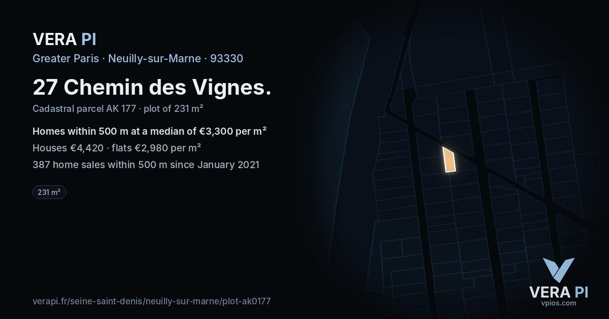 27 Chemin des Vignes, Neuilly-sur-Marne at night – the plot lit, the parcels around coloured by the prices near them