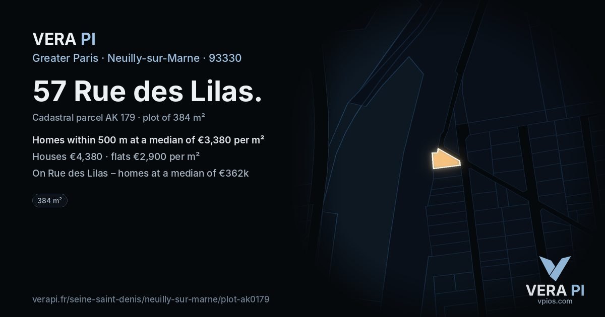 57 Rue des Lilas, Neuilly-sur-Marne at night – the plot lit, the parcels around coloured by the prices near them