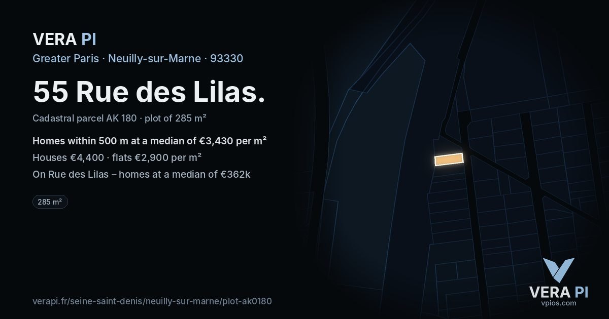 55 Rue des Lilas, Neuilly-sur-Marne at night – the plot lit, the parcels around coloured by the prices near them