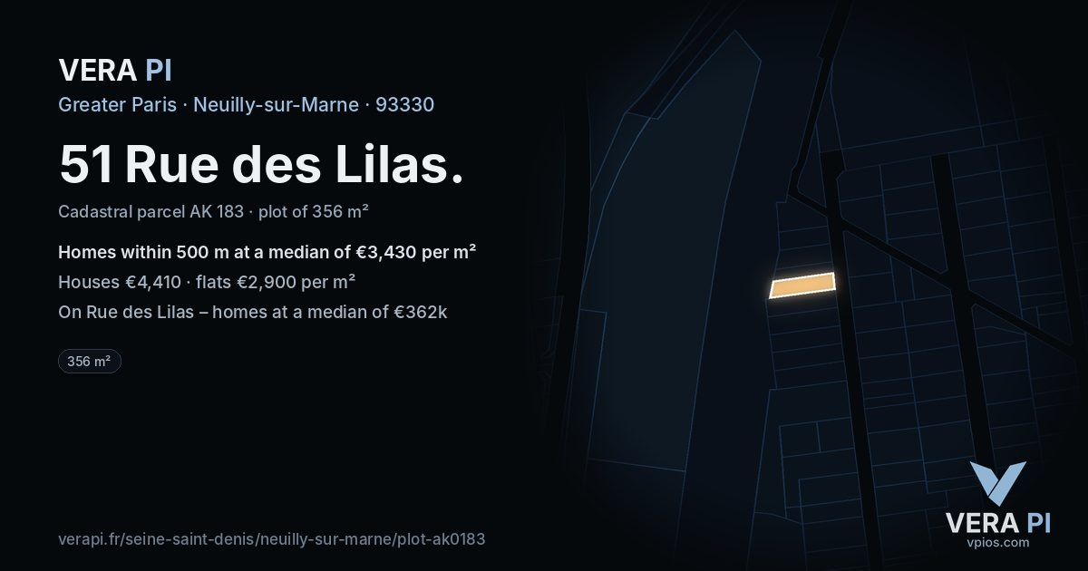 51 Rue des Lilas, Neuilly-sur-Marne at night – the plot lit, the parcels around coloured by the prices near them