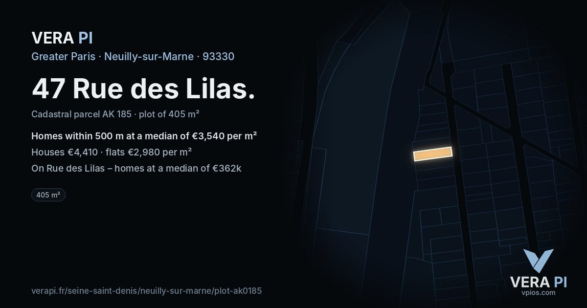 47 Rue des Lilas, Neuilly-sur-Marne at night – the plot lit, the parcels around coloured by the prices near them