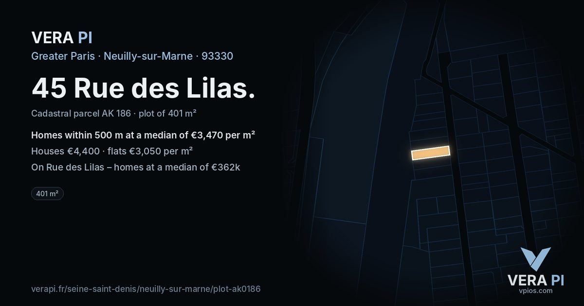 45 Rue des Lilas, Neuilly-sur-Marne at night – the plot lit, the parcels around coloured by the prices near them