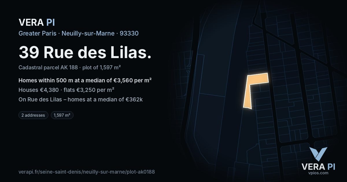 39 Rue des Lilas, Neuilly-sur-Marne at night – the plot lit, the parcels around coloured by the prices near them