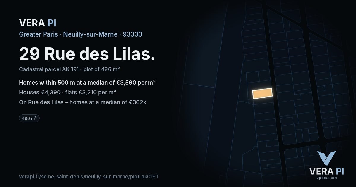 29 Rue des Lilas, Neuilly-sur-Marne at night – the plot lit, the parcels around coloured by the prices near them