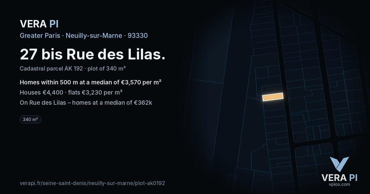 27 bis Rue des Lilas, Neuilly-sur-Marne at night – the plot lit, the parcels around coloured by the prices near them