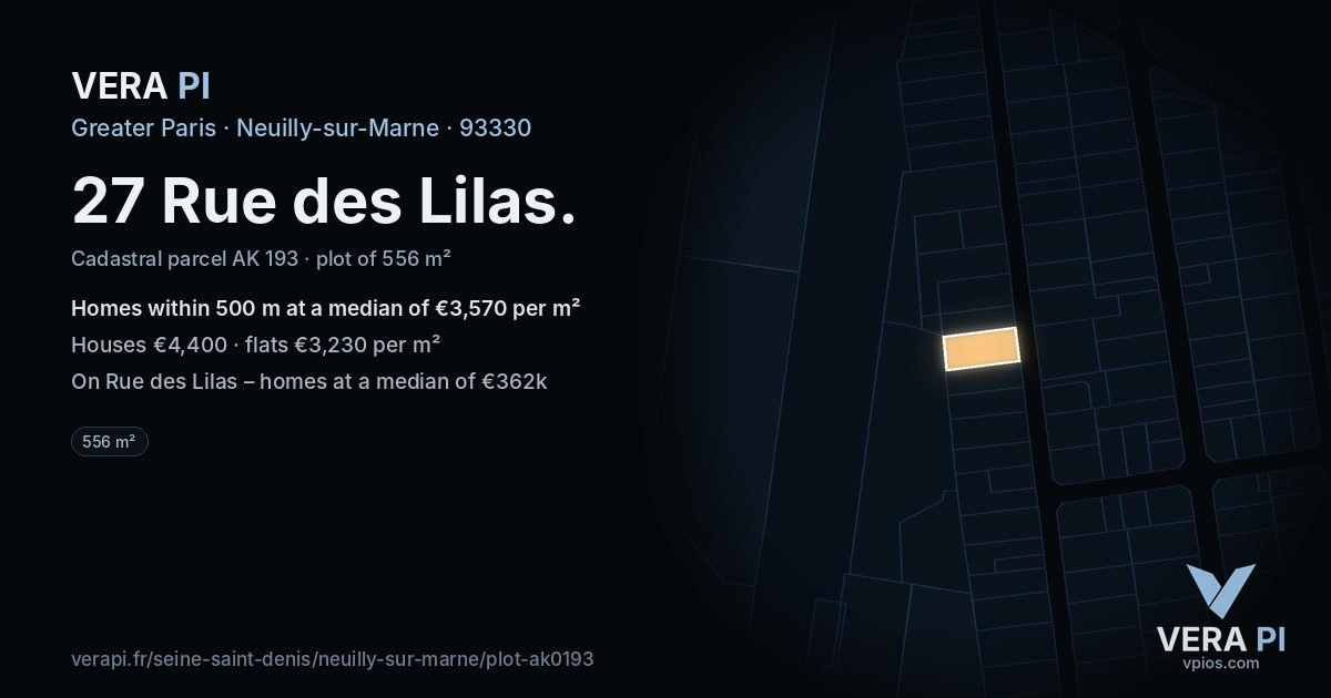 27 Rue des Lilas, Neuilly-sur-Marne at night – the plot lit, the parcels around coloured by the prices near them