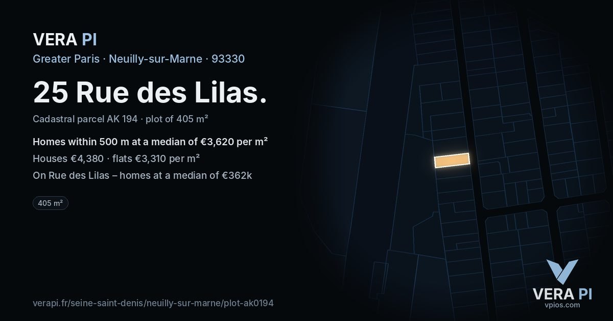 25 Rue des Lilas, Neuilly-sur-Marne at night – the plot lit, the parcels around coloured by the prices near them