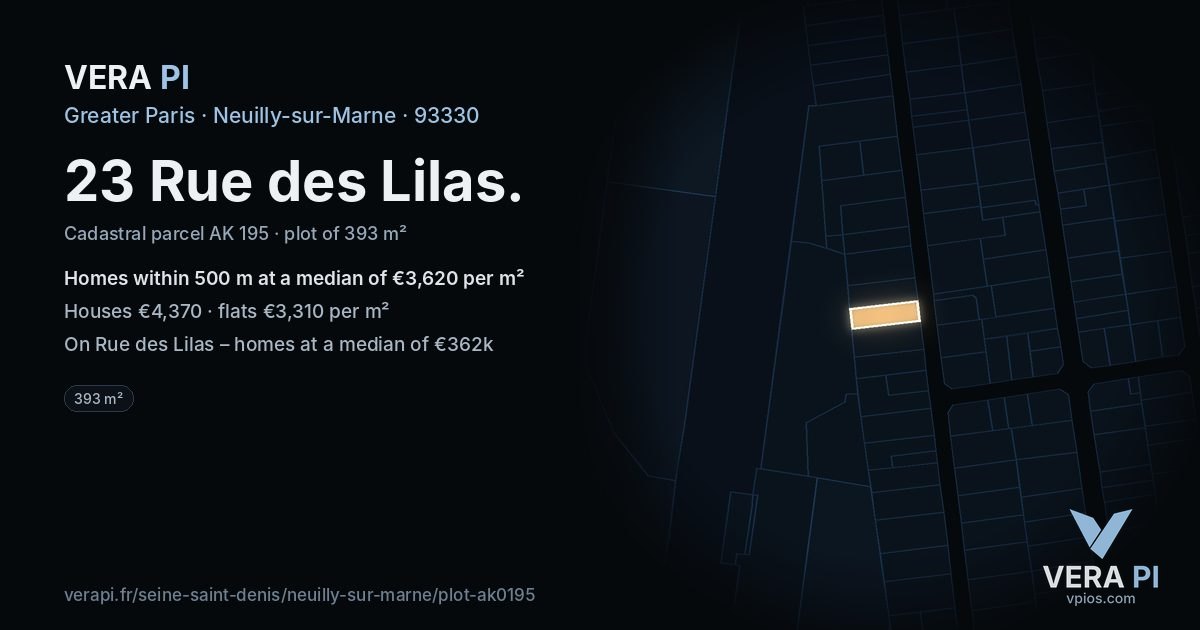 23 Rue des Lilas, Neuilly-sur-Marne at night – the plot lit, the parcels around coloured by the prices near them