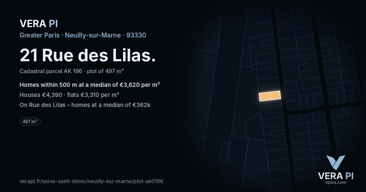 21 Rue des Lilas, Neuilly-sur-Marne at night – the plot lit, the parcels around coloured by the prices near them
