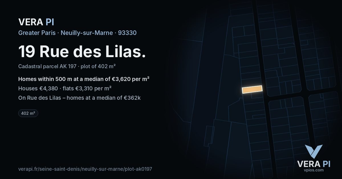 19 Rue des Lilas, Neuilly-sur-Marne at night – the plot lit, the parcels around coloured by the prices near them