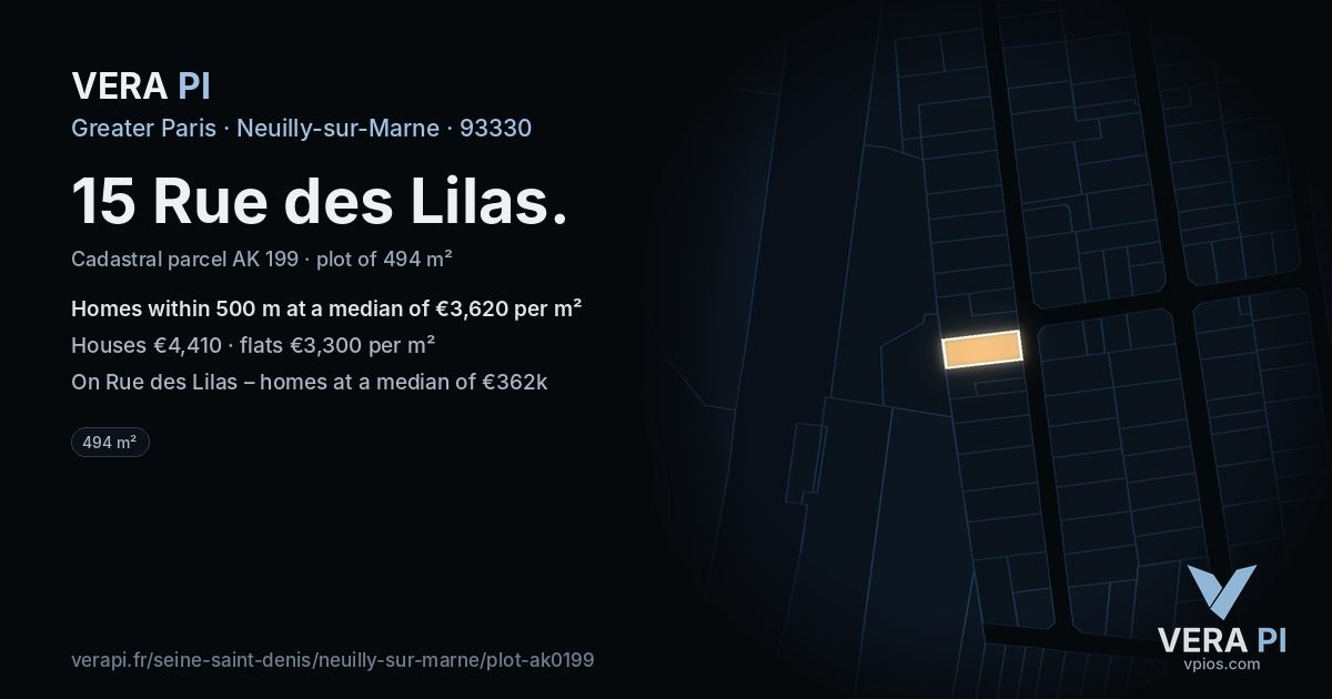 15 Rue des Lilas, Neuilly-sur-Marne at night – the plot lit, the parcels around coloured by the prices near them