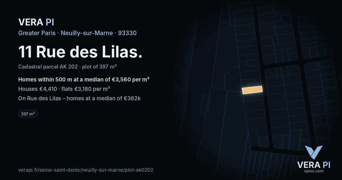 11 Rue des Lilas, Neuilly-sur-Marne at night – the plot lit, the parcels around coloured by the prices near them