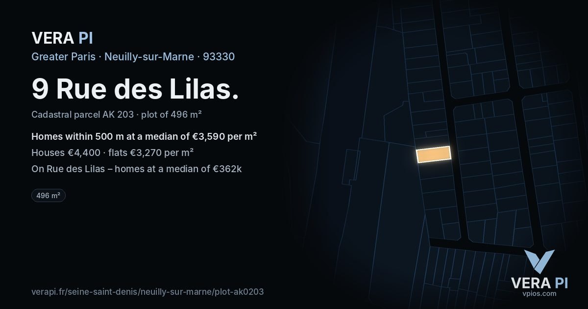 9 Rue des Lilas, Neuilly-sur-Marne at night – the plot lit, the parcels around coloured by the prices near them