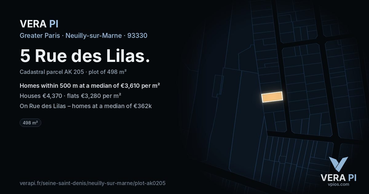 5 Rue des Lilas, Neuilly-sur-Marne at night – the plot lit, the parcels around coloured by the prices near them