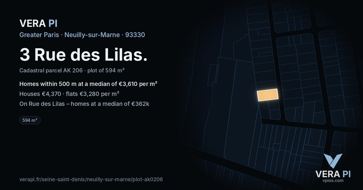 3 Rue des Lilas, Neuilly-sur-Marne at night – the plot lit, the parcels around coloured by the prices near them