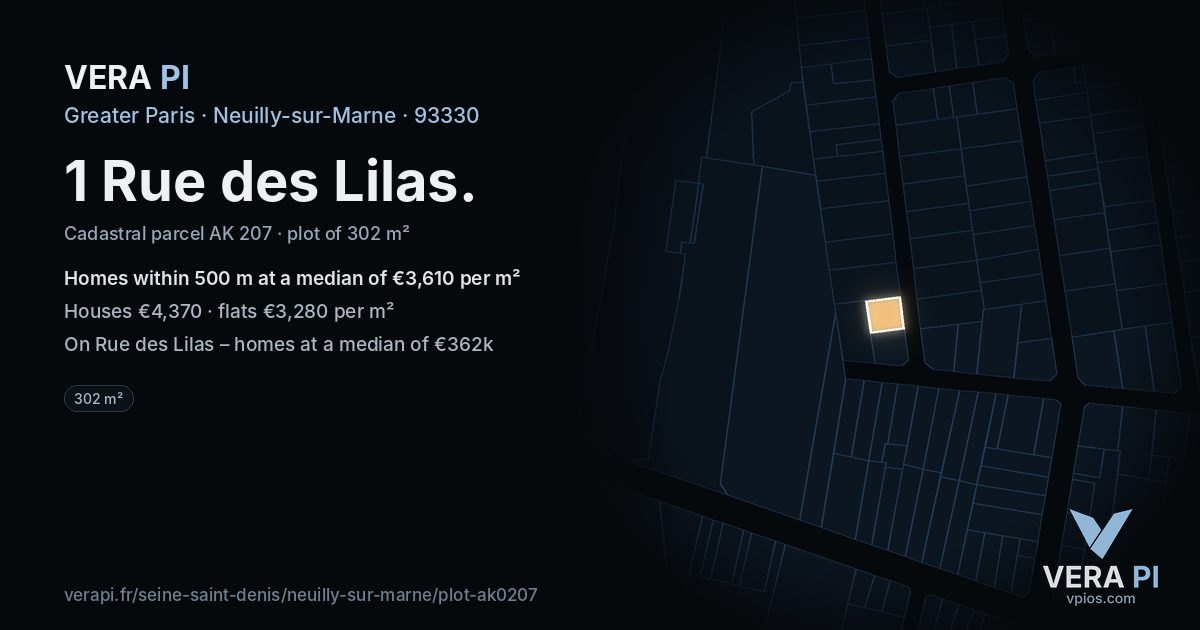 1 Rue des Lilas, Neuilly-sur-Marne at night – the plot lit, the parcels around coloured by the prices near them