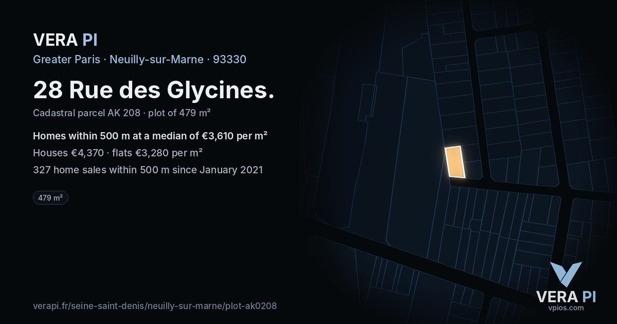 28 Rue des Glycines, Neuilly-sur-Marne at night – the plot lit, the parcels around coloured by the prices near them