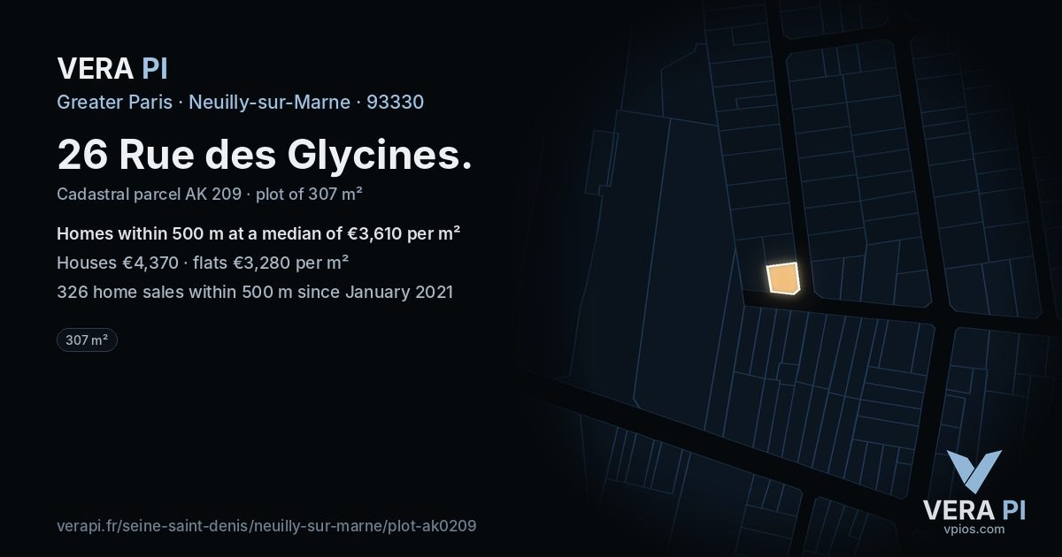 26 Rue des Glycines, Neuilly-sur-Marne at night – the plot lit, the parcels around coloured by the prices near them